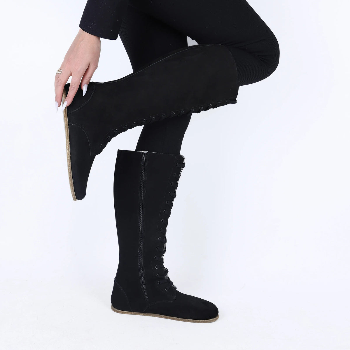 Nubuck Barefoot Laces Knee Boots Shoes – Classic Sole — Leather Sole – Black