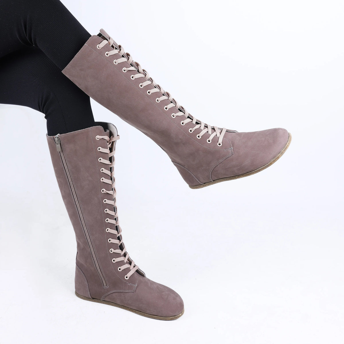 Nubuck Barefoot Laces Knee Boots Shoes – Classic Sole — Leather Sole – Smoked
