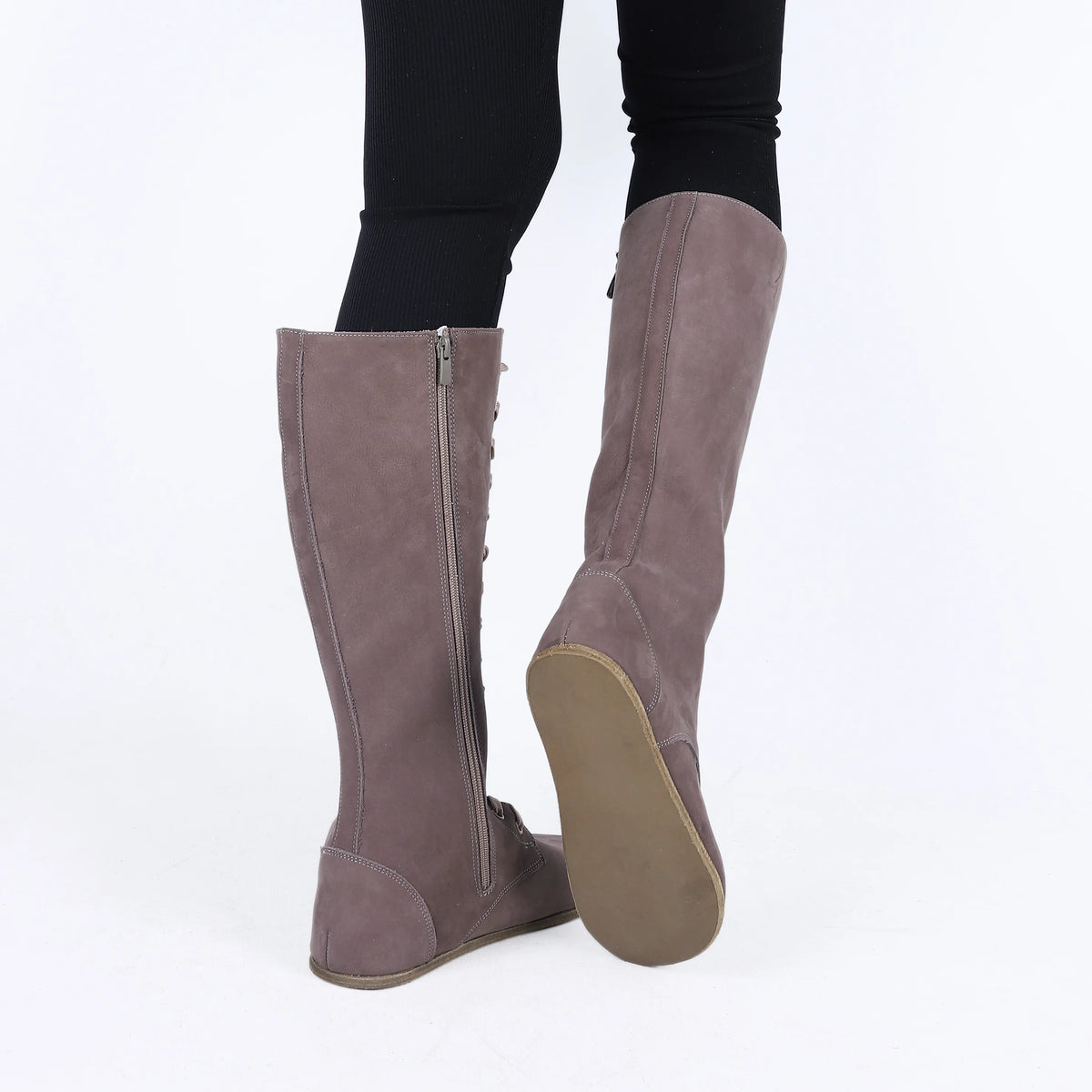 Nubuck Barefoot Laces Knee Boots Shoes – Classic Sole — Leather Sole – Smoked