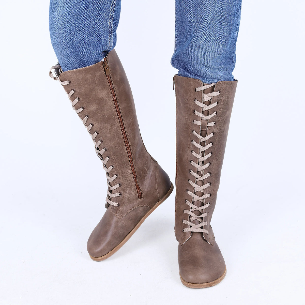 Crazy Barefoot Lace Knee Boots  Shoes – Eva Outsole – Beige Bizon