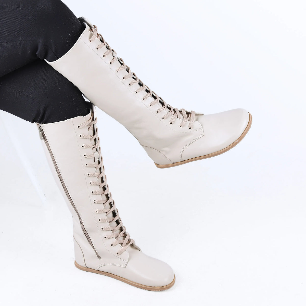 Smooth Barefoot Laces Knee Boots Shoes – Eva Outsole – Cream