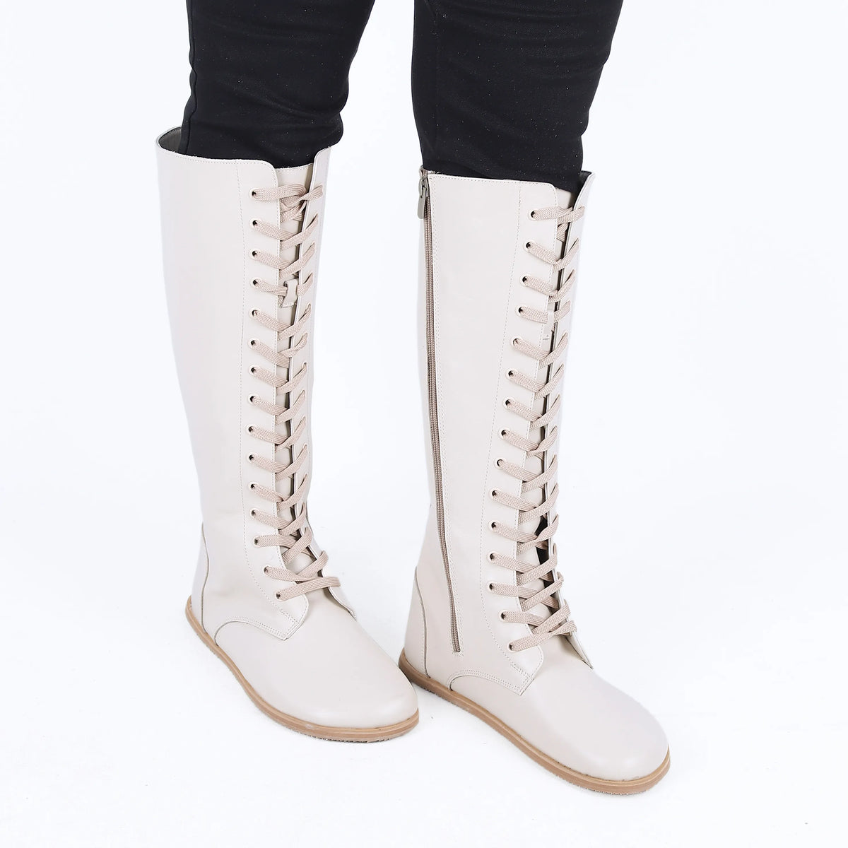 Smooth Barefoot Laces Knee Boots Shoes – Eva Outsole – Cream