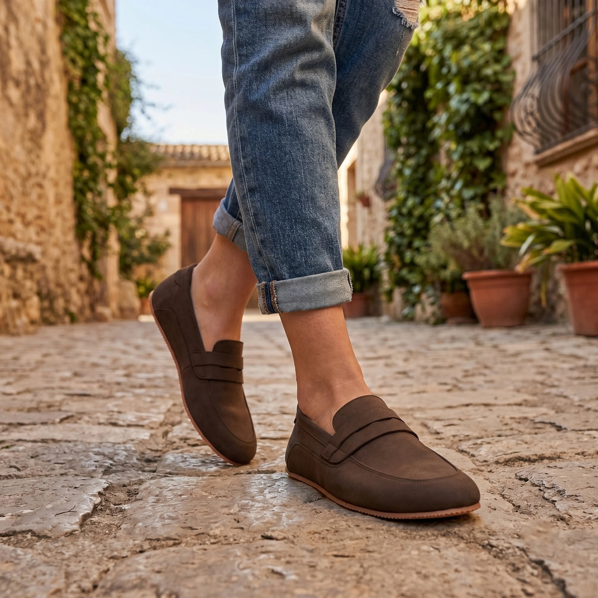 Nubuck Barefoot Penny Loafer Shoes – Rubber Sole – Brown