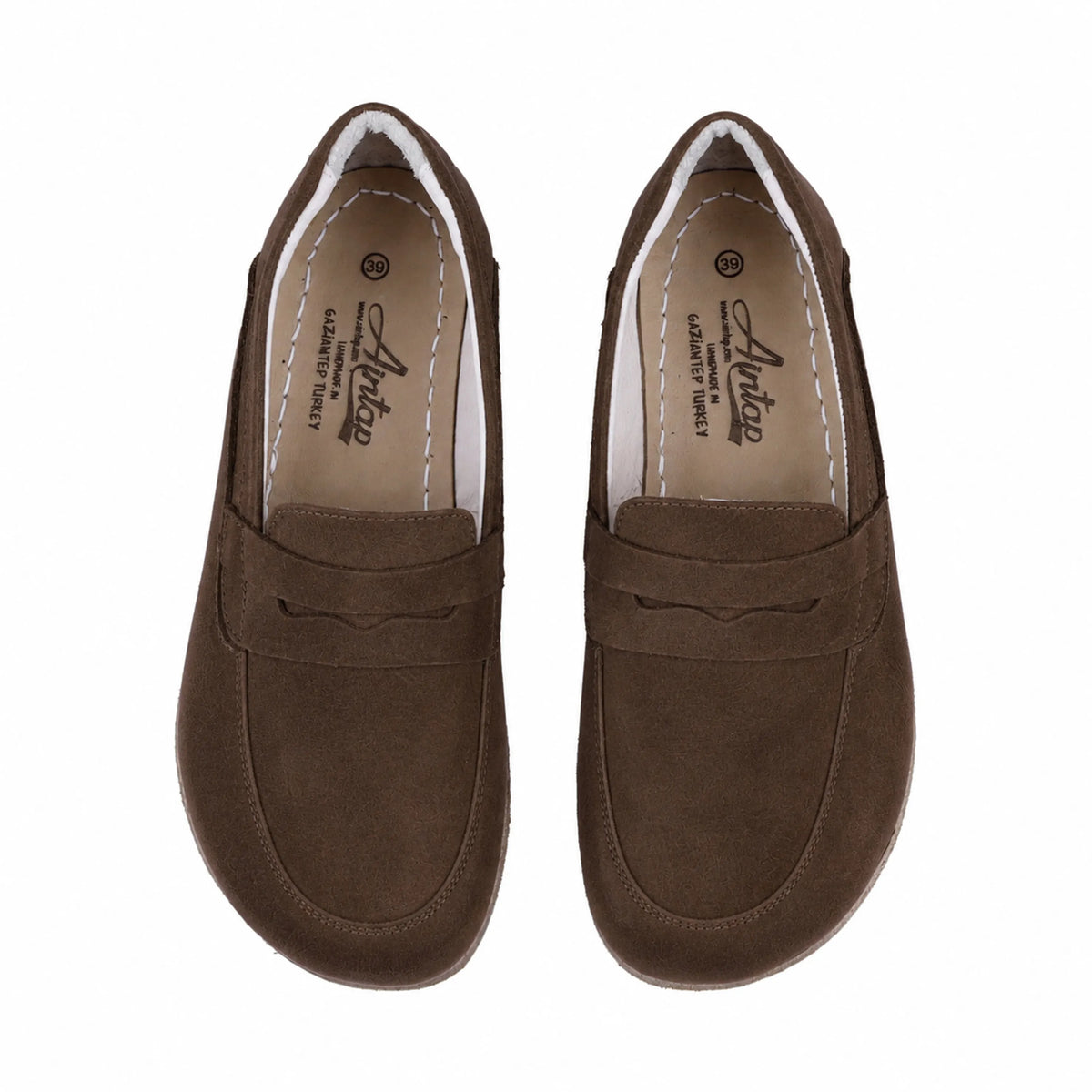 Suede Barefoot Penny Loafer Shoes – Classic Sole — Leather Sole – Brown