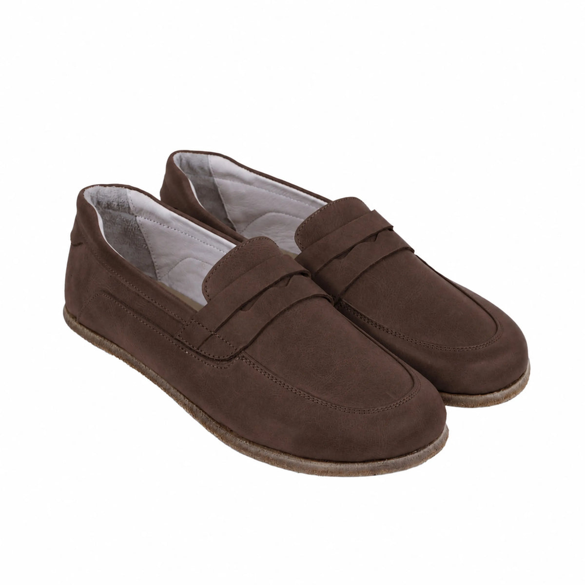 Nubuck Barefoot Penny Loafer Shoes – Classic Sole — Leather Sole – Brown