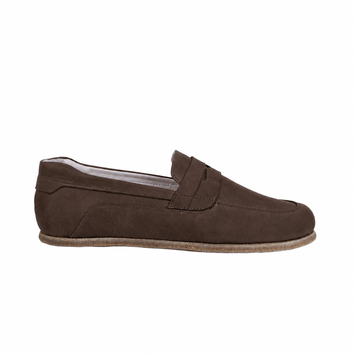 Nubuck Barefoot Penny Loafer Shoes – Classic Sole — Leather Sole – Brown