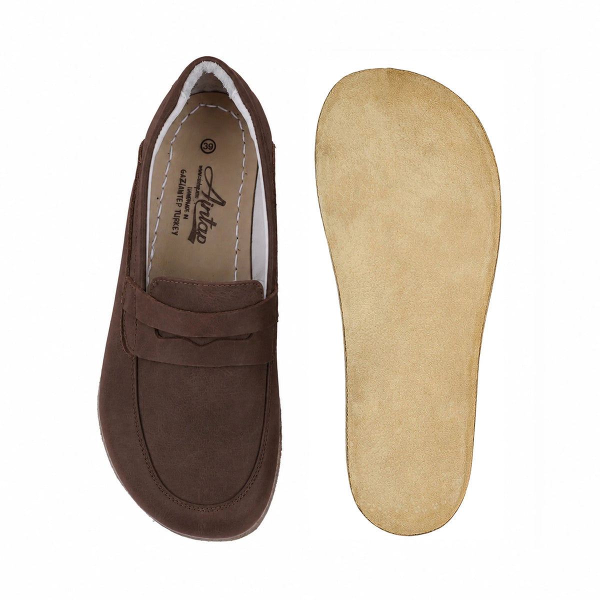 Nubuck Barefoot Penny Loafer Shoes – Classic Sole — Leather Sole – Brown