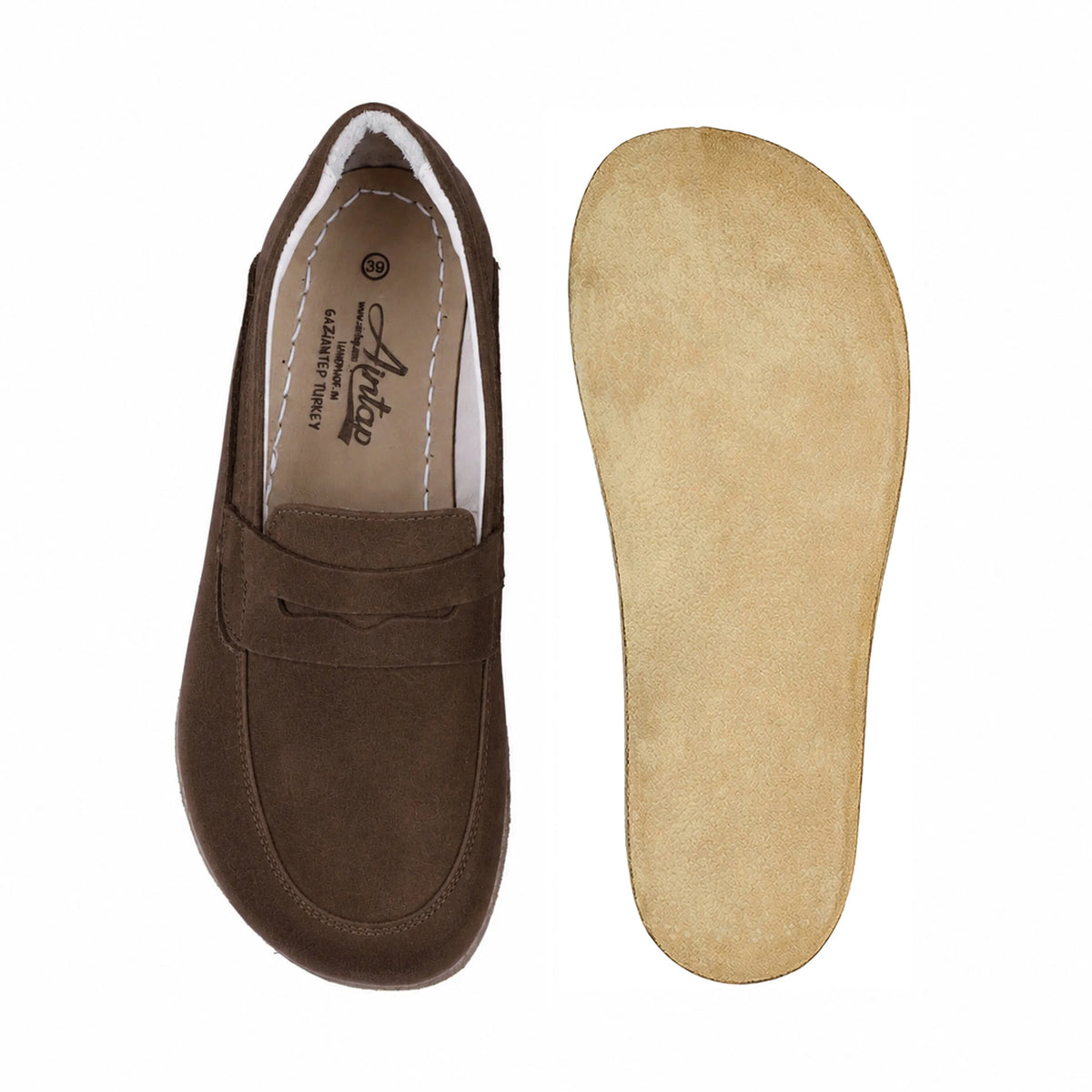 Suede Barefoot Penny Loafer Shoes – Classic Sole — Leather Sole – Brown