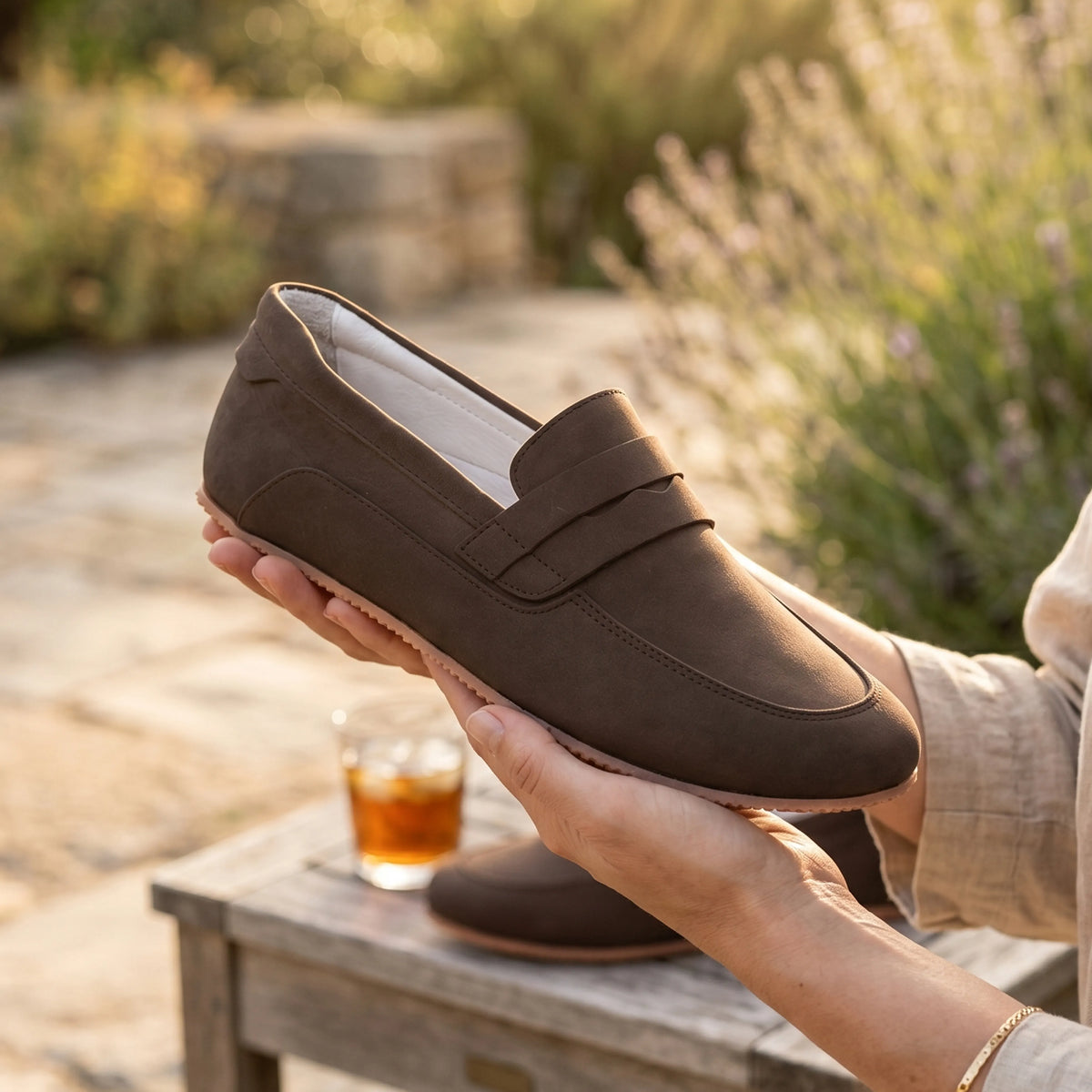 Nubuck Barefoot Penny Loafer Shoes – Rubber Sole – Brown