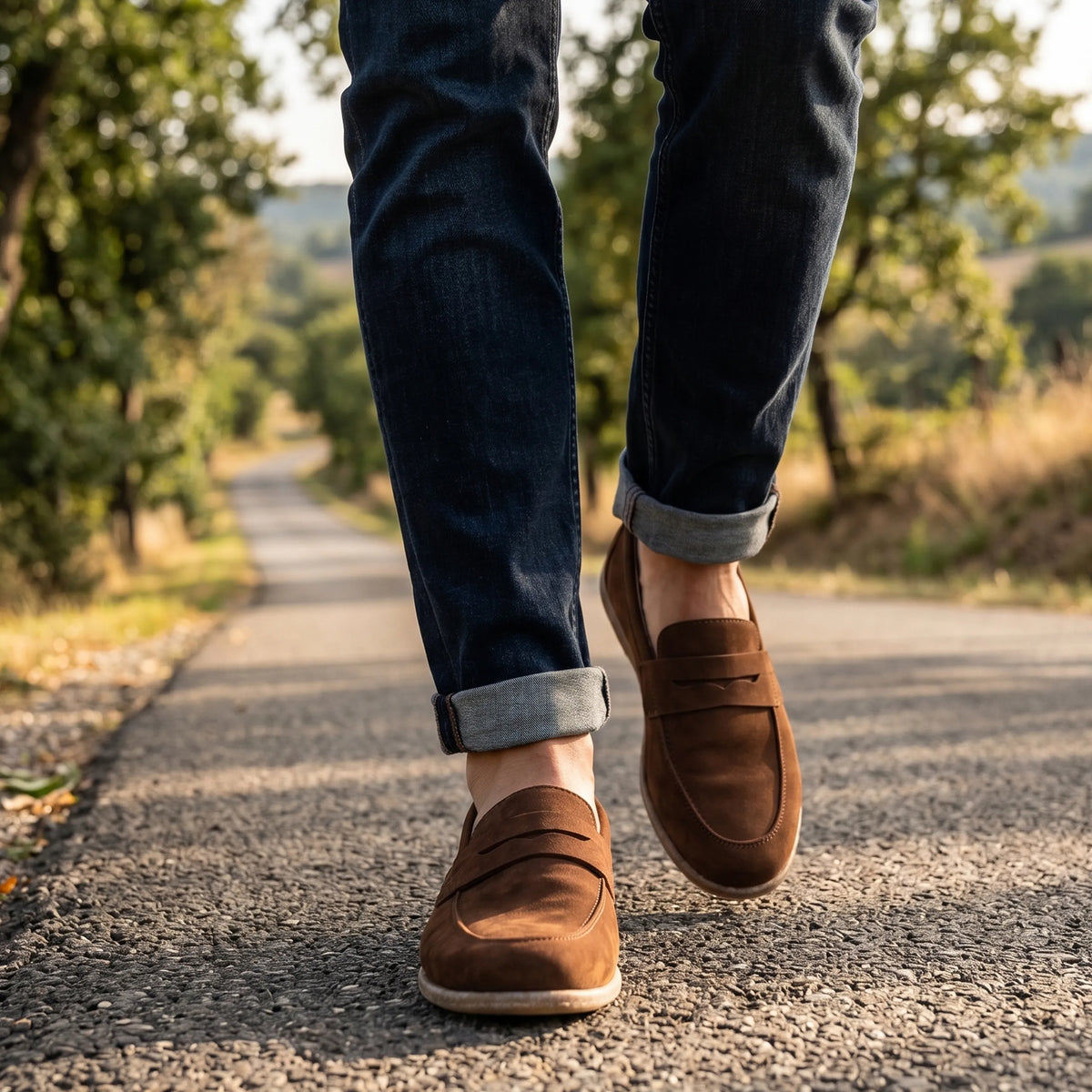 Nubuck Barefoot Penny Loafer Shoes – Classic Sole — Leather Sole – Brown
