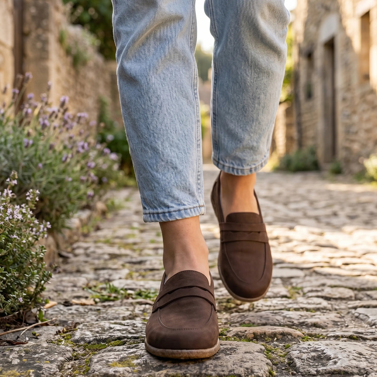 Nubuck Barefoot Penny Loafer Shoes – Classic Sole — Leather Sole – Brown