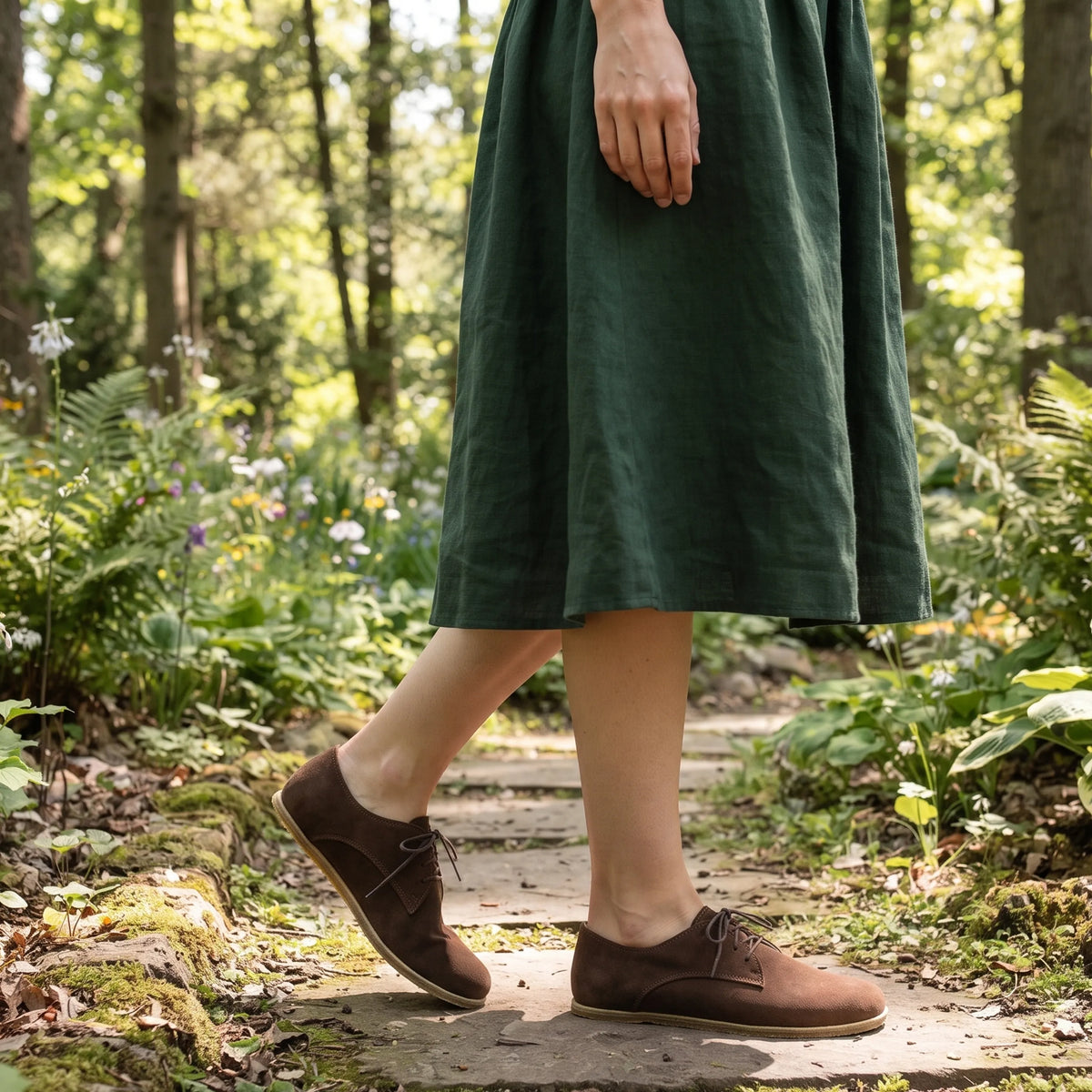 Suede Barefoot Oxford Shoes – Classic Sole — Leather Sole – Brown
