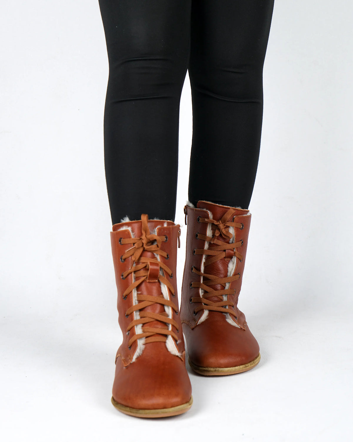 Smooth Barefoot Shearling Long Boots Shoes – Classic Sole — Leather Sole – Brown