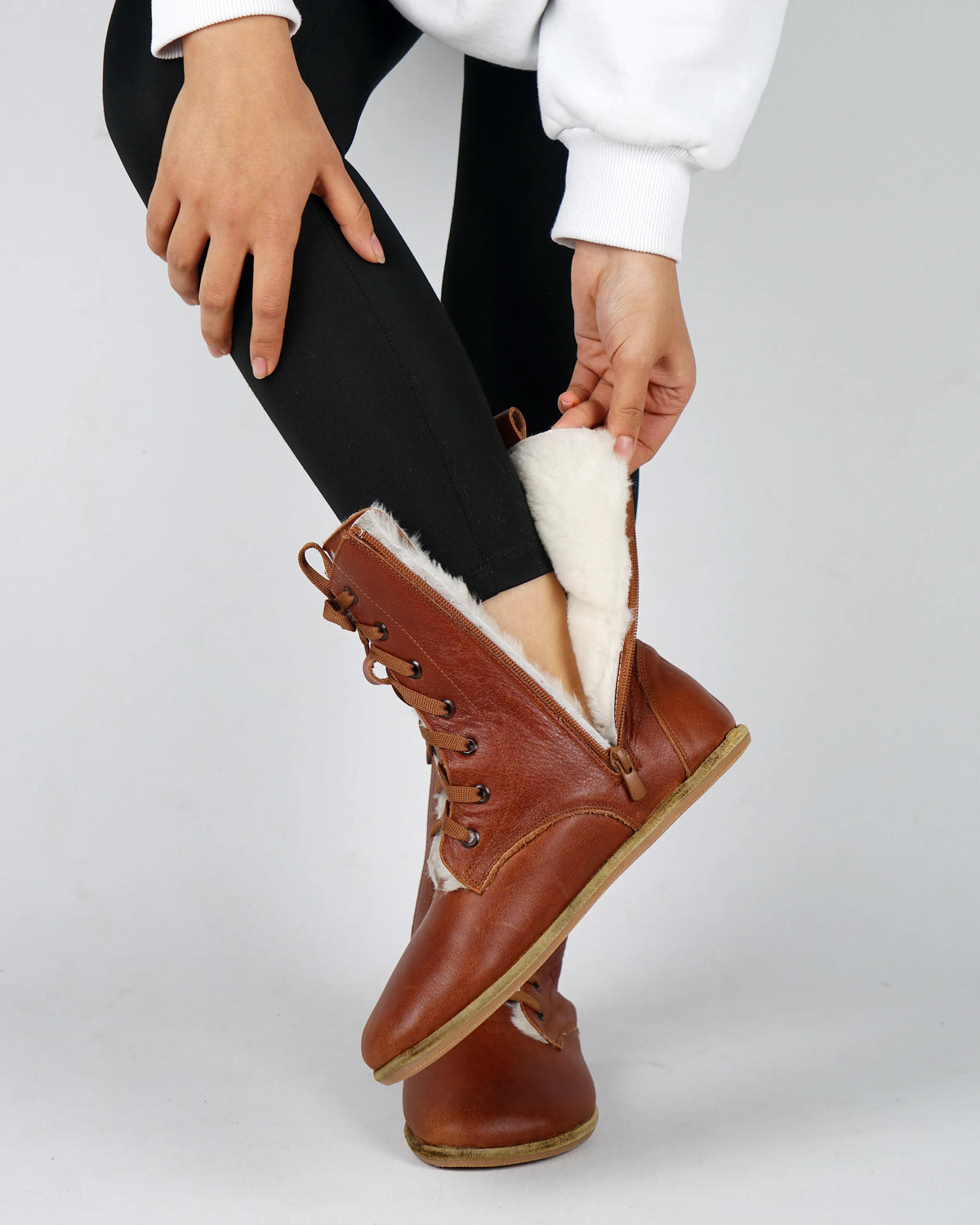 Smooth Barefoot Shearling Long Boots Shoes – Classic Sole — Leather Sole – Brown