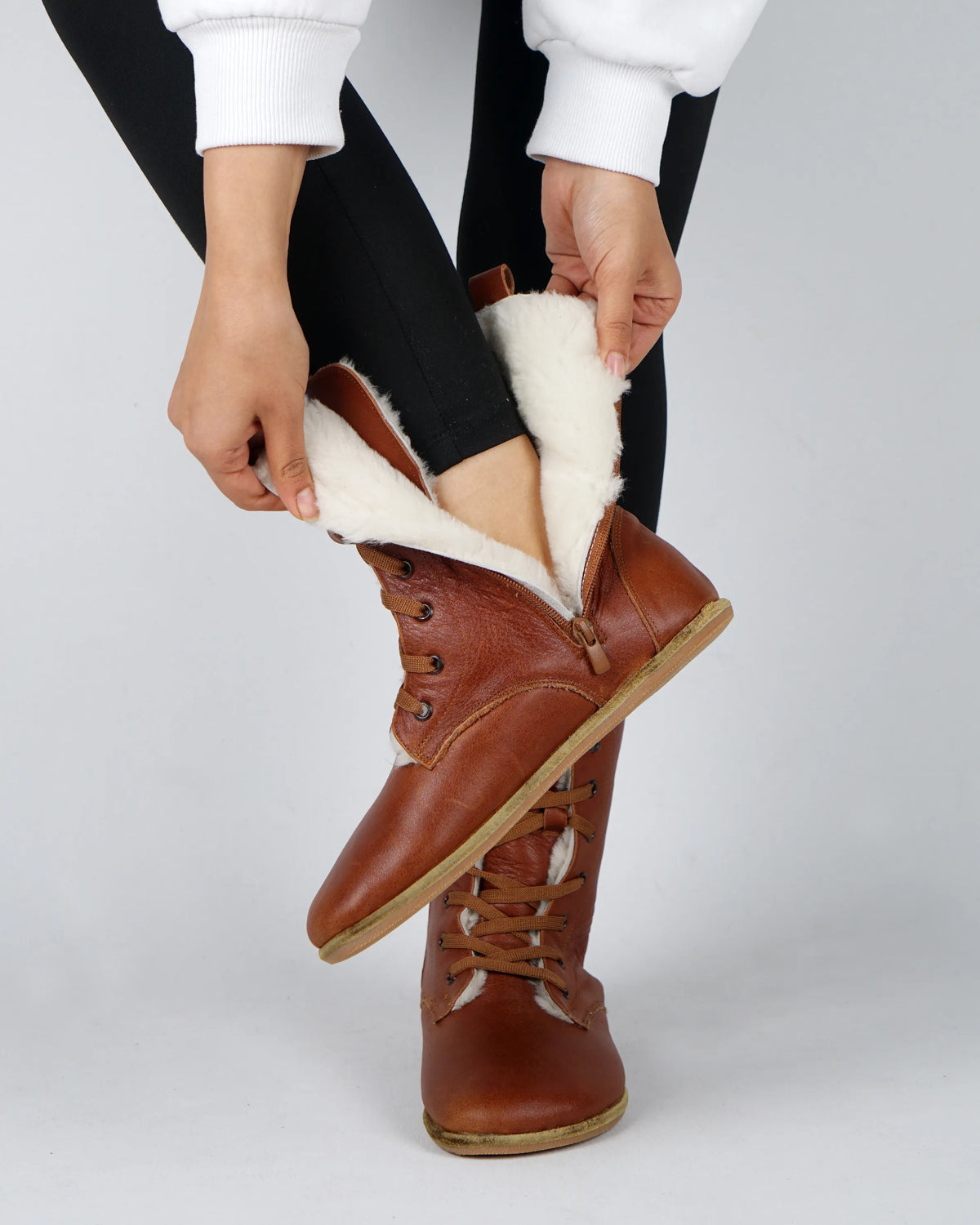 Smooth Barefoot Shearling Long Boots Shoes – Classic Sole — Leather Sole – Brown
