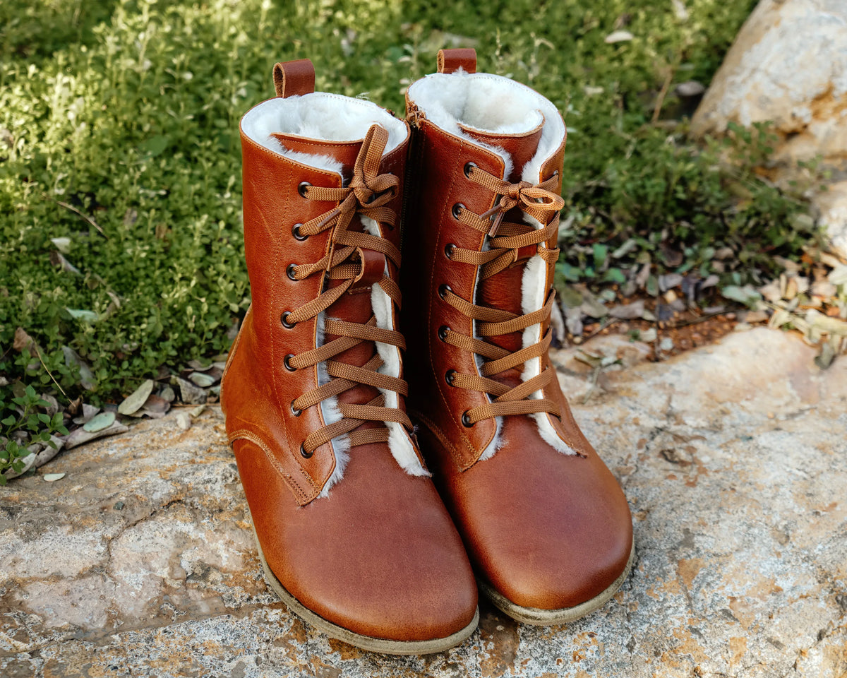 Smooth Barefoot Shearling Long Boots Shoes – Classic Sole — Leather Sole – Brown