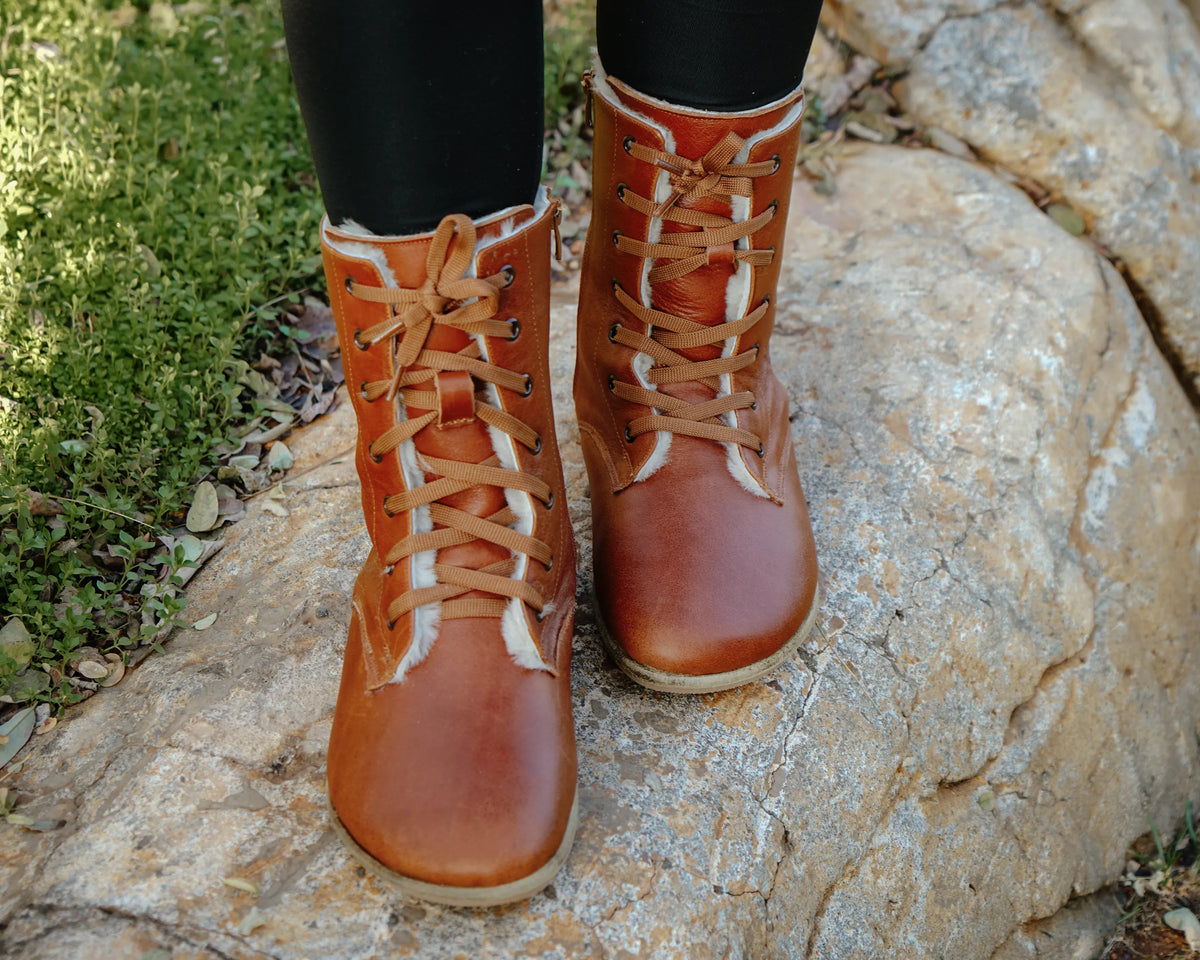 Smooth Barefoot Shearling Long Boots Shoes – Classic Sole — Leather Sole – Brown