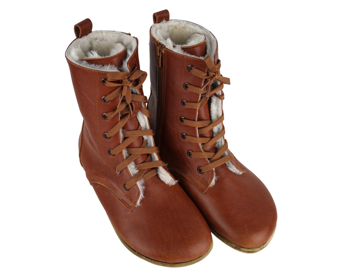Smooth Barefoot Shearling Long Boots Shoes – Classic Sole — Leather Sole – Brown
