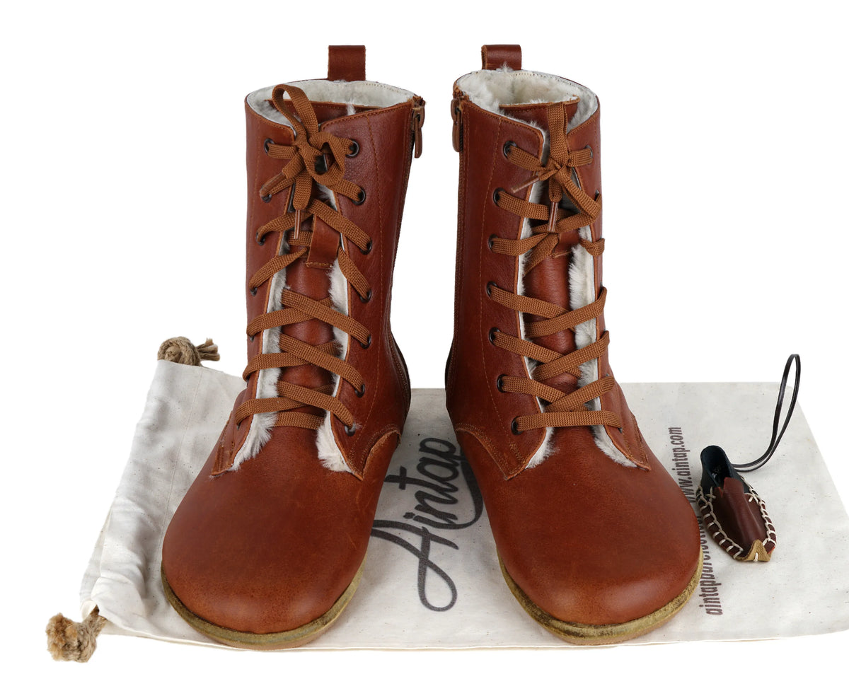 Smooth Barefoot Shearling Long Boots Shoes – Classic Sole — Leather Sole – Brown
