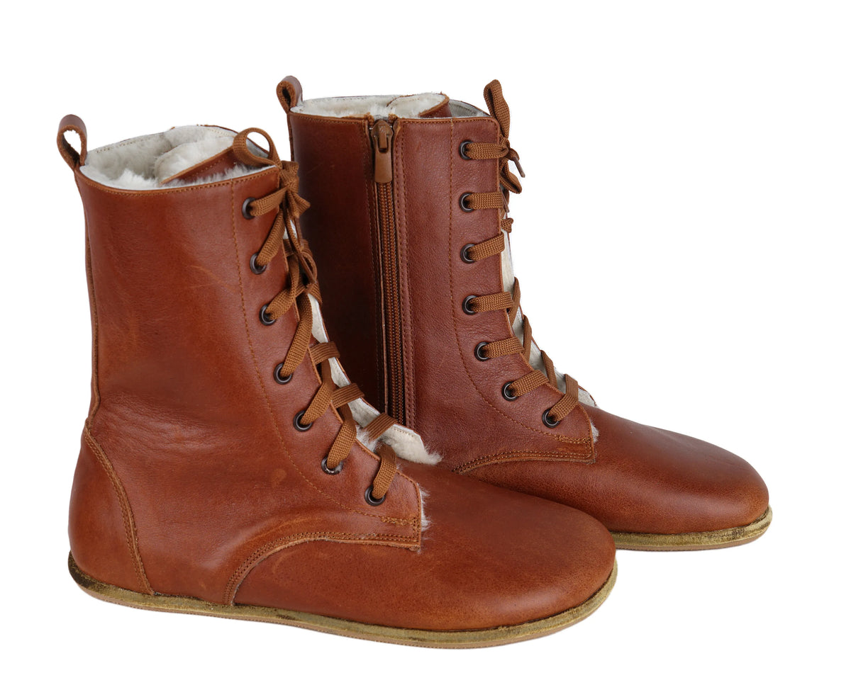 Smooth Barefoot Shearling Long Boots Shoes – Classic Sole — Leather Sole – Brown