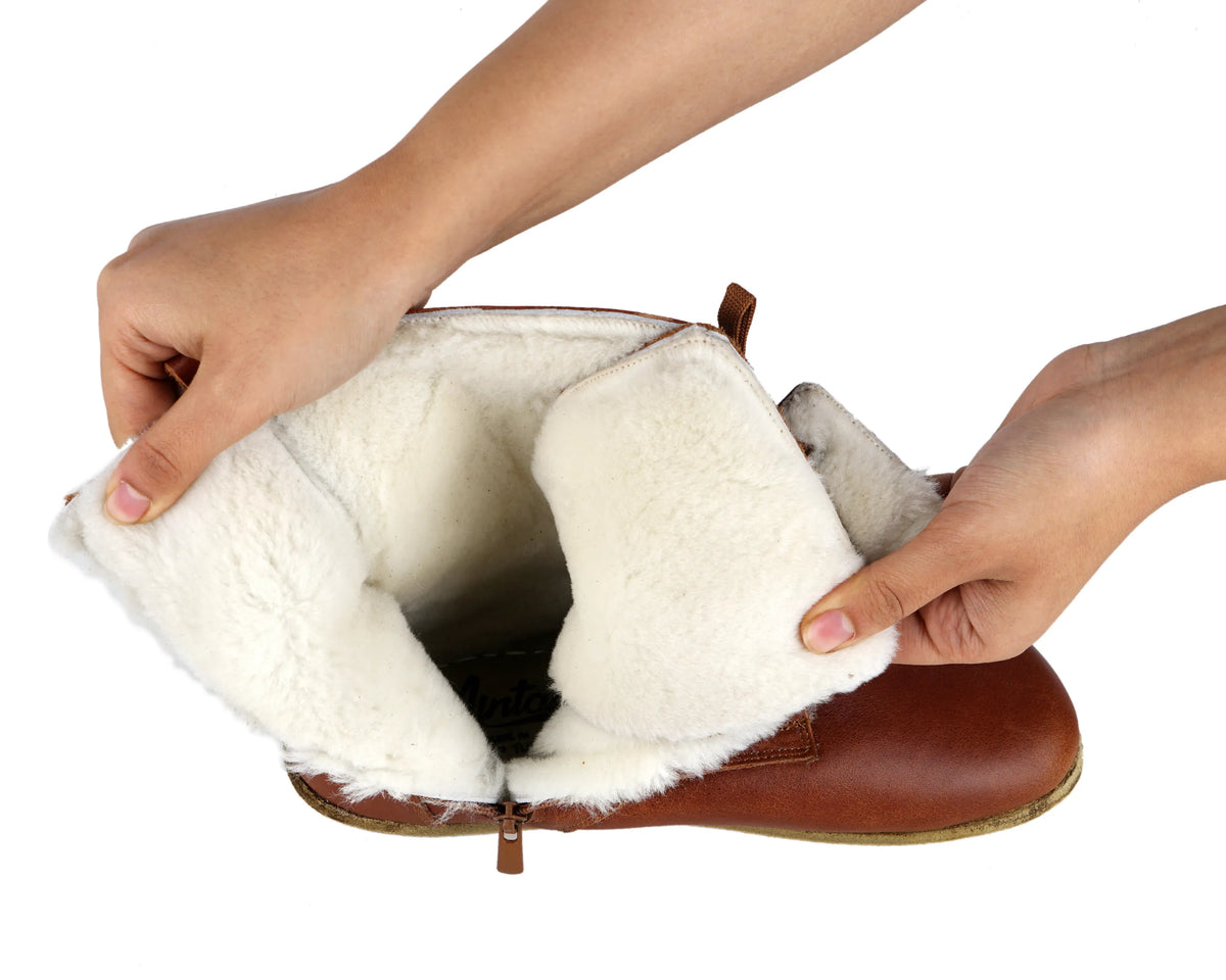 Smooth Barefoot Shearling Long Boots Shoes – Classic Sole — Leather Sole – Brown