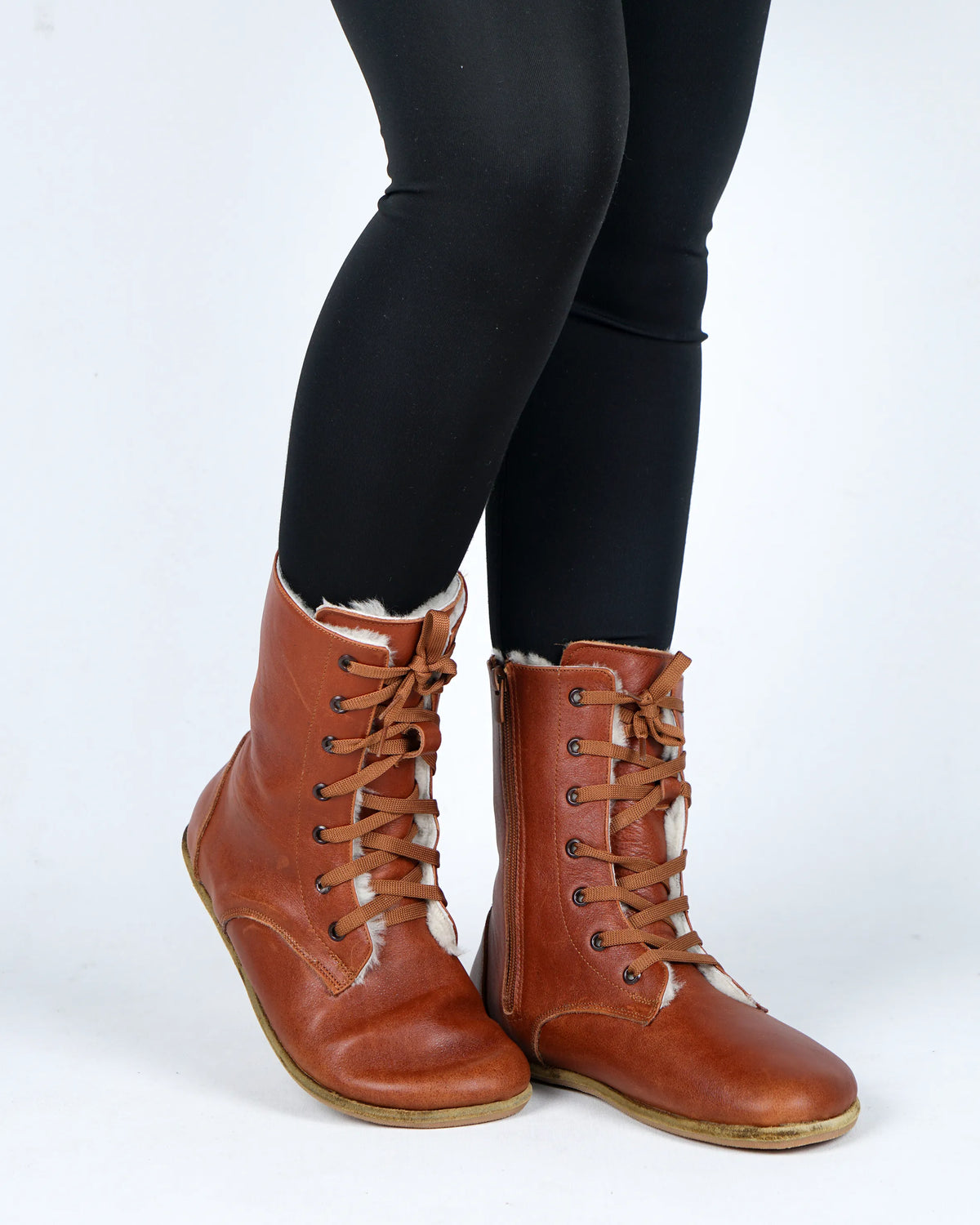 Smooth Barefoot Shearling Long Boots Shoes – Classic Sole — Leather Sole – Brown