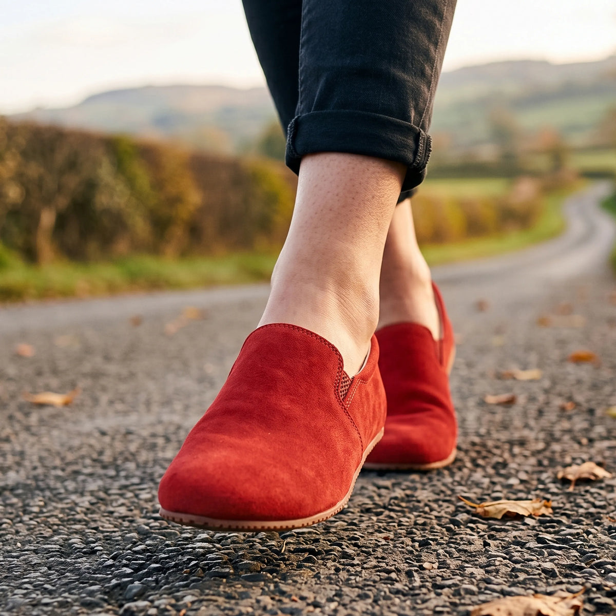 Nubuck Barefoot Slip-On Shoes – Rubber Sole – Red