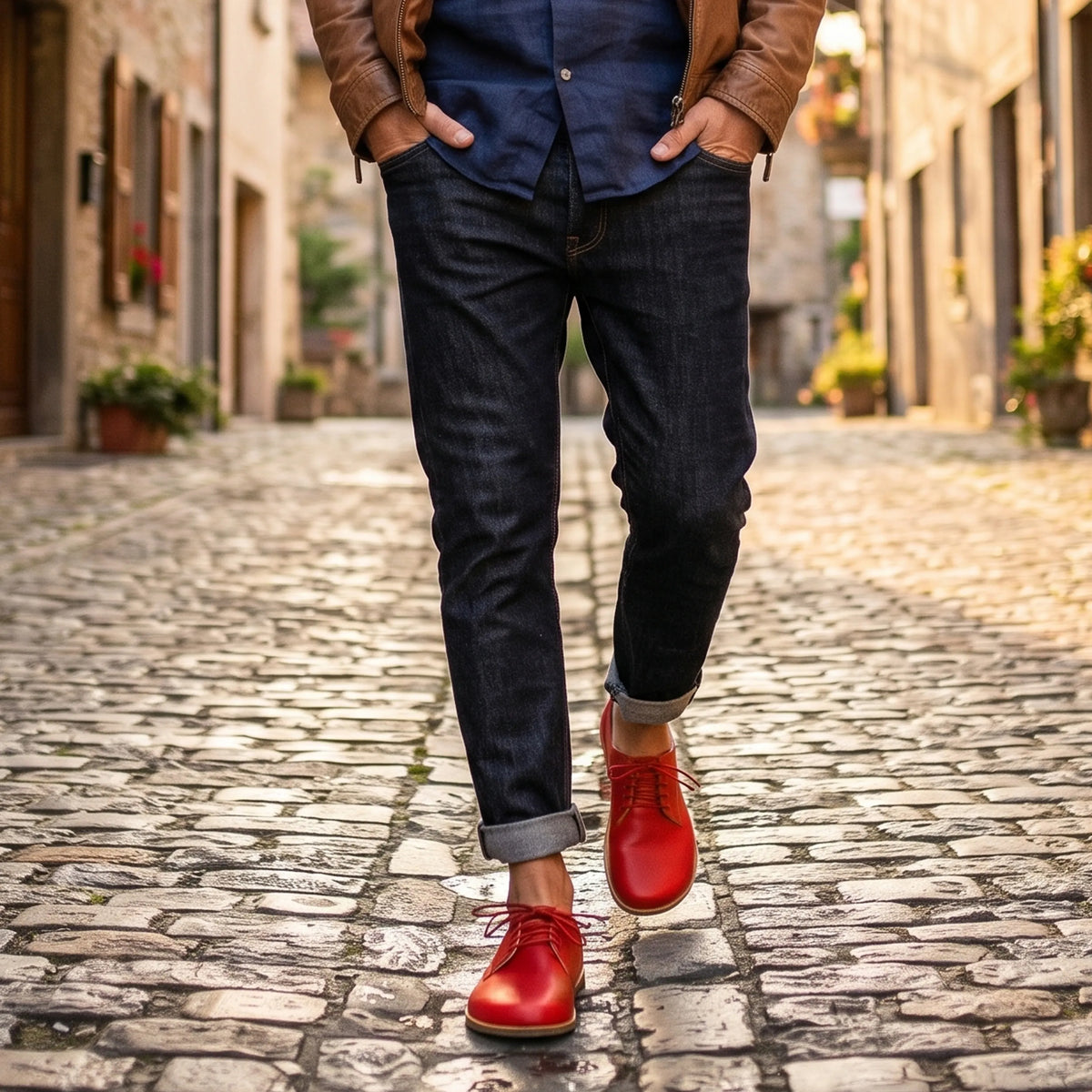 Smooth Barefoot Oxford Shoes – Classic Sole — Leather Sole – Red