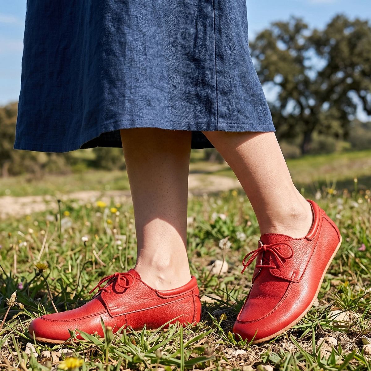 Smooth Barefoot Laces Penny Loafer Shoes – Rubber Sole – Red