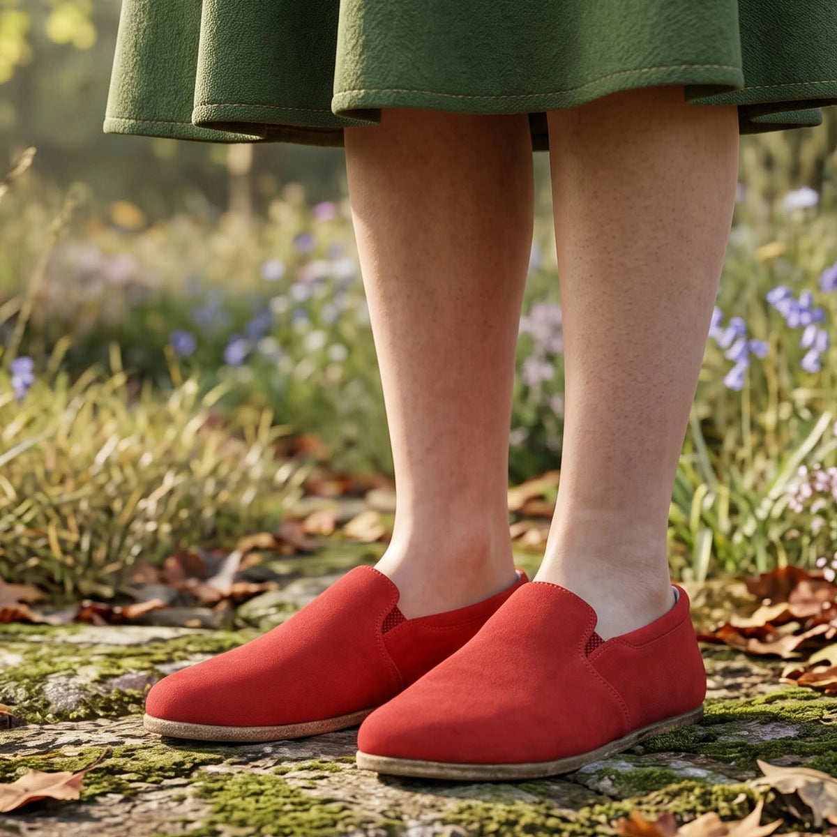 Suede Barefoot Slip-On Shoes – Classic Sole — Leather Sole – Red