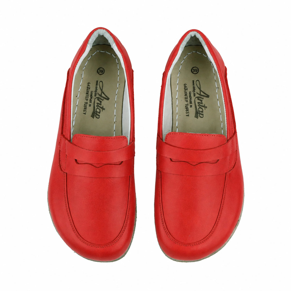 Smooth Barefoot Penny Loafer Shoes – Classic Sole — Leather Sole – Red