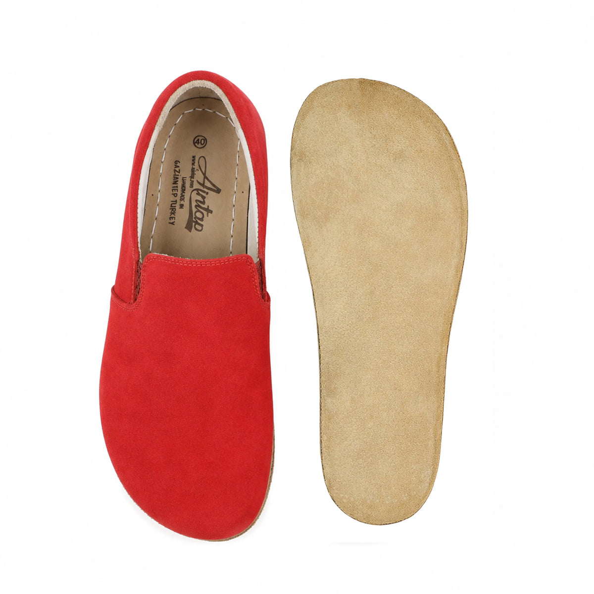 Suede Barefoot Slip-On Shoes – Classic Sole — Leather Sole – Red