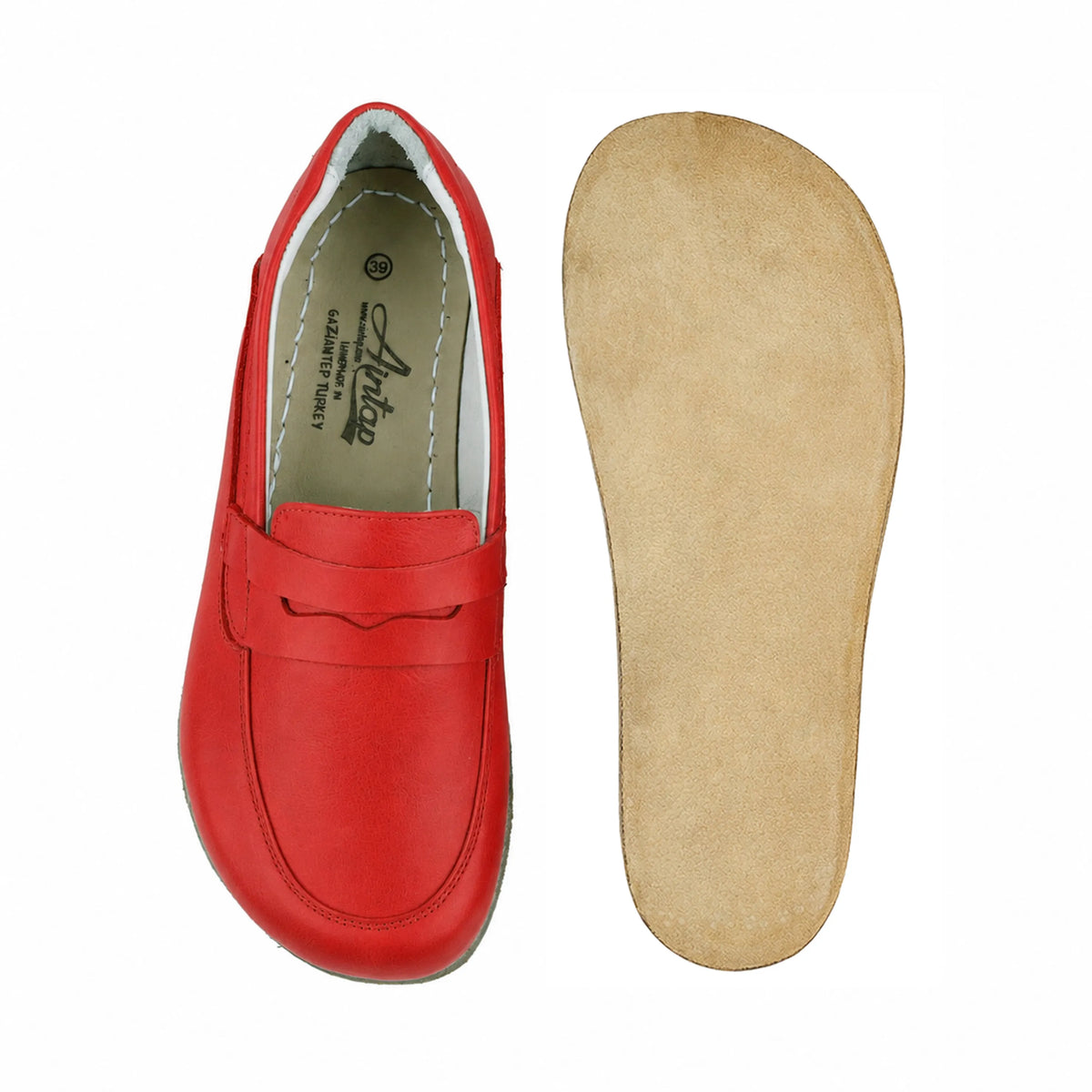 Smooth Barefoot Penny Loafer Shoes – Classic Sole — Leather Sole – Red