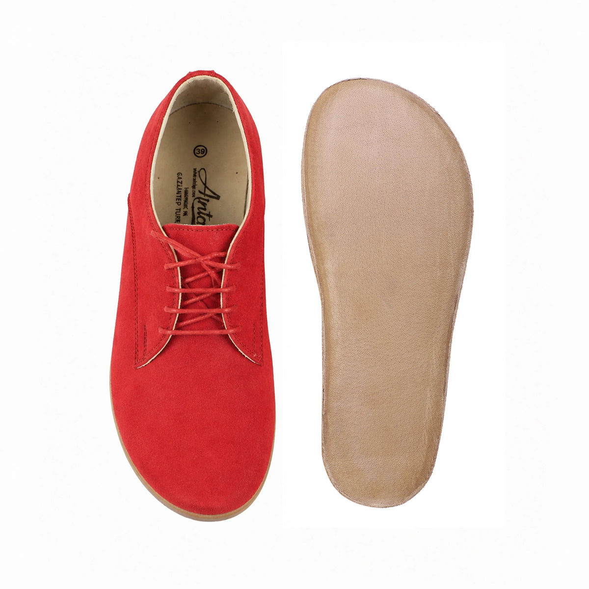 Suede Barefoot Oxford Shoes – Classic Sole — Leather Sole – Red