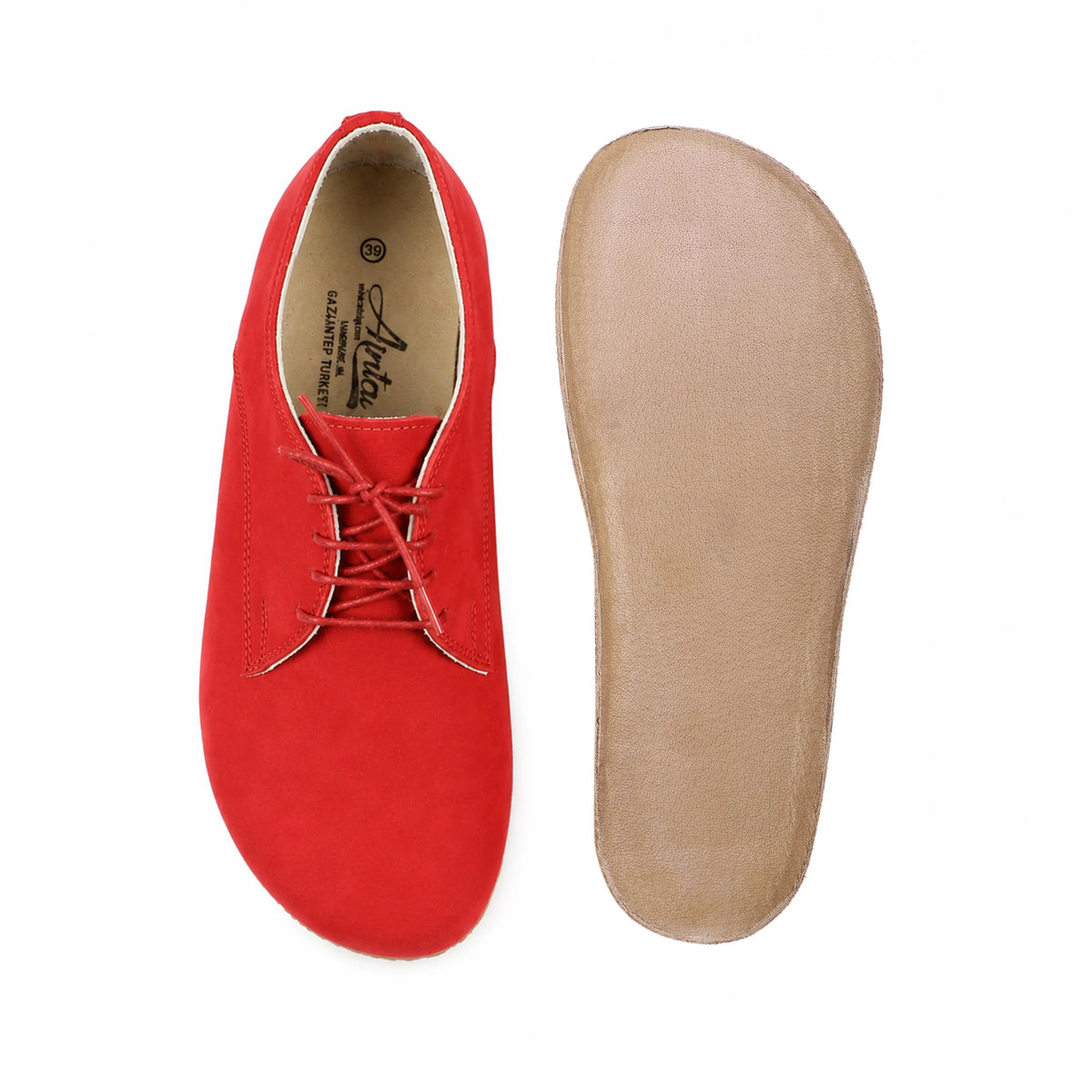Nubuck Barefoot Oxford Shoes – Classic Sole — Leather Sole – Red