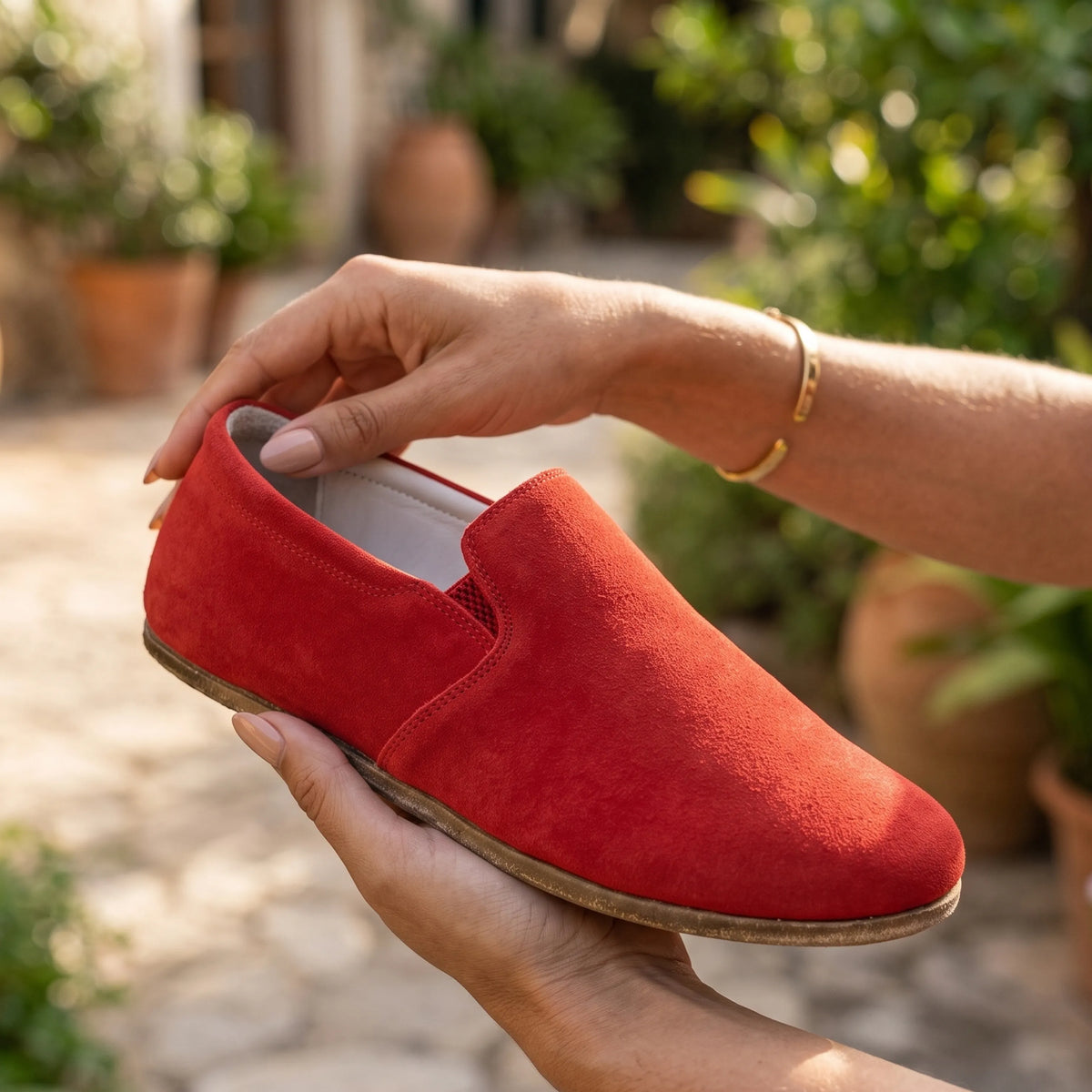 Suede Barefoot Slip-On Shoes – Classic Sole — Leather Sole – Red