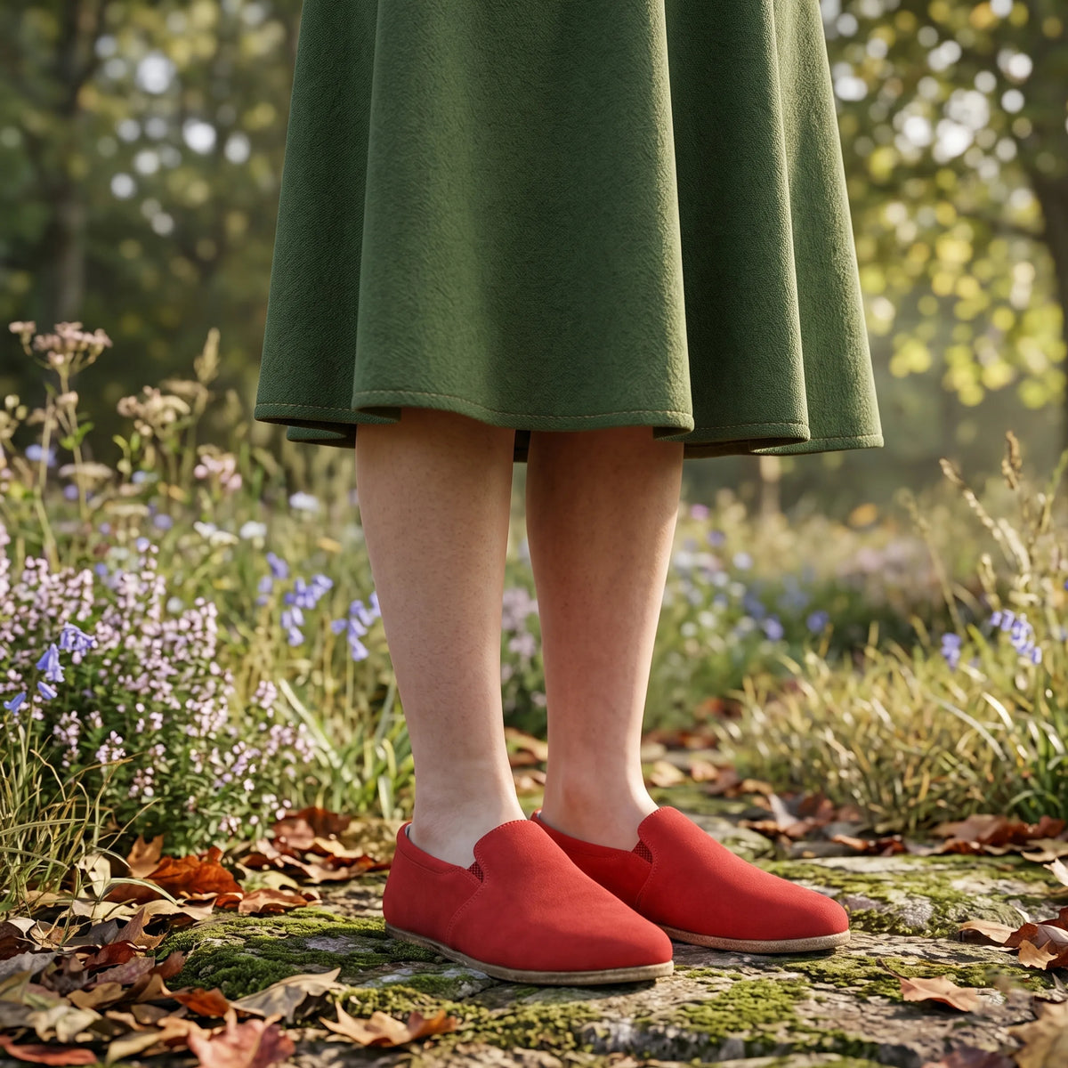 Suede Barefoot Slip-On Shoes – Classic Sole — Leather Sole – Red