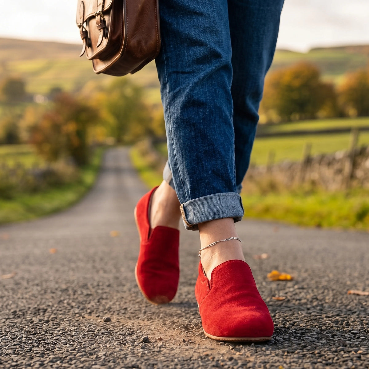 Suede Barefoot Slip-On Shoes – Rubber Sole – Red