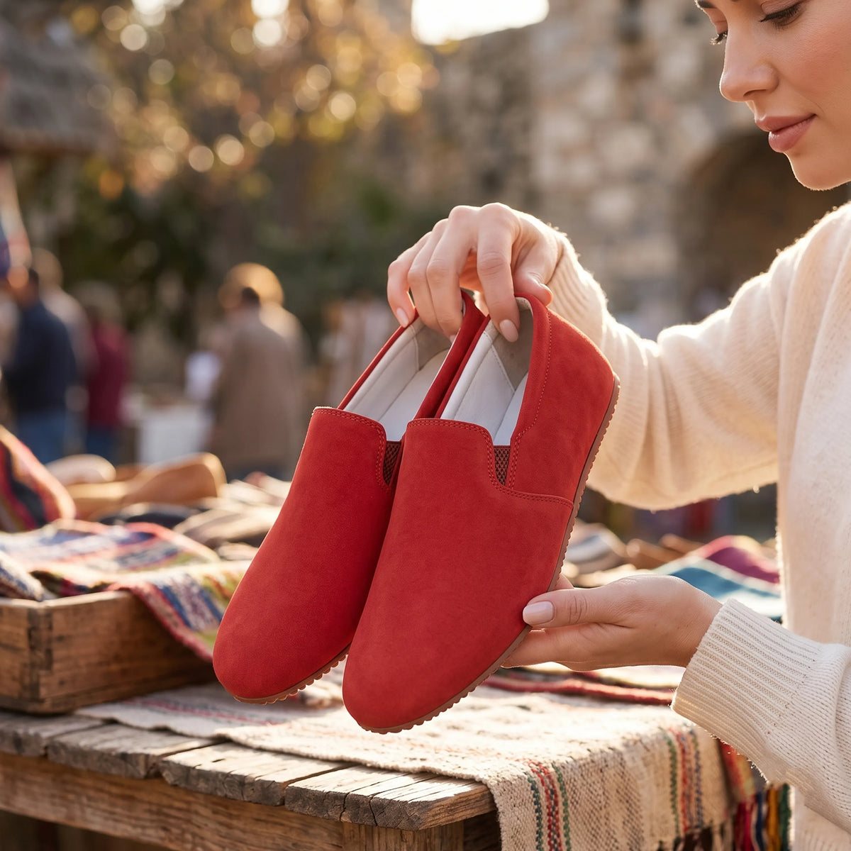Nubuck Barefoot Slip-On Shoes – Rubber Sole – Red