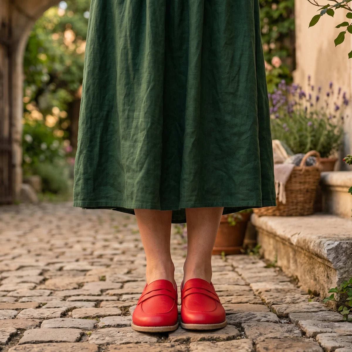 Smooth Barefoot Penny Loafer Shoes – Classic Sole — Leather Sole – Red