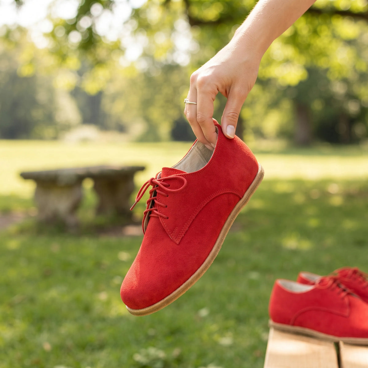 Suede Barefoot Oxford Shoes – Classic Sole — Leather Sole – Red