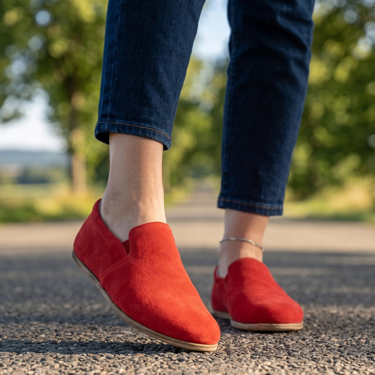 Suede Barefoot Slip-On Shoes – Classic Sole — Leather Sole – Red