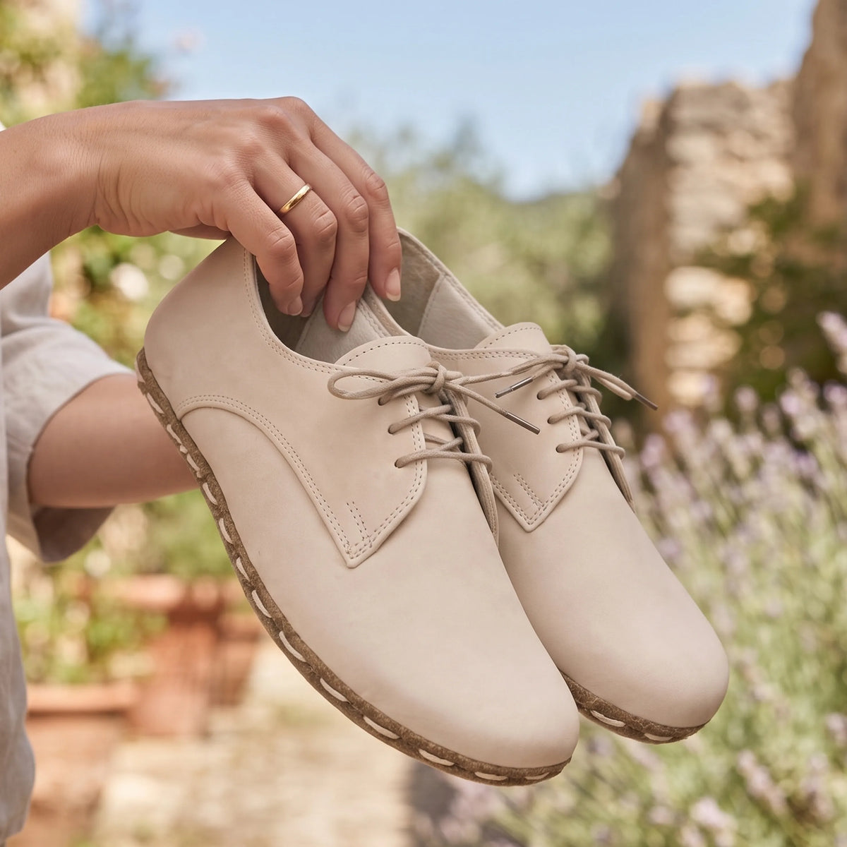 Smooth Barefoot Oxford Shoes — Leather Sole – Cream