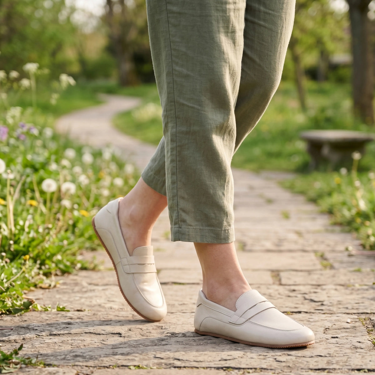 Smooth Barefoot Penny Loafer Shoes – Rubber Sole – Cream