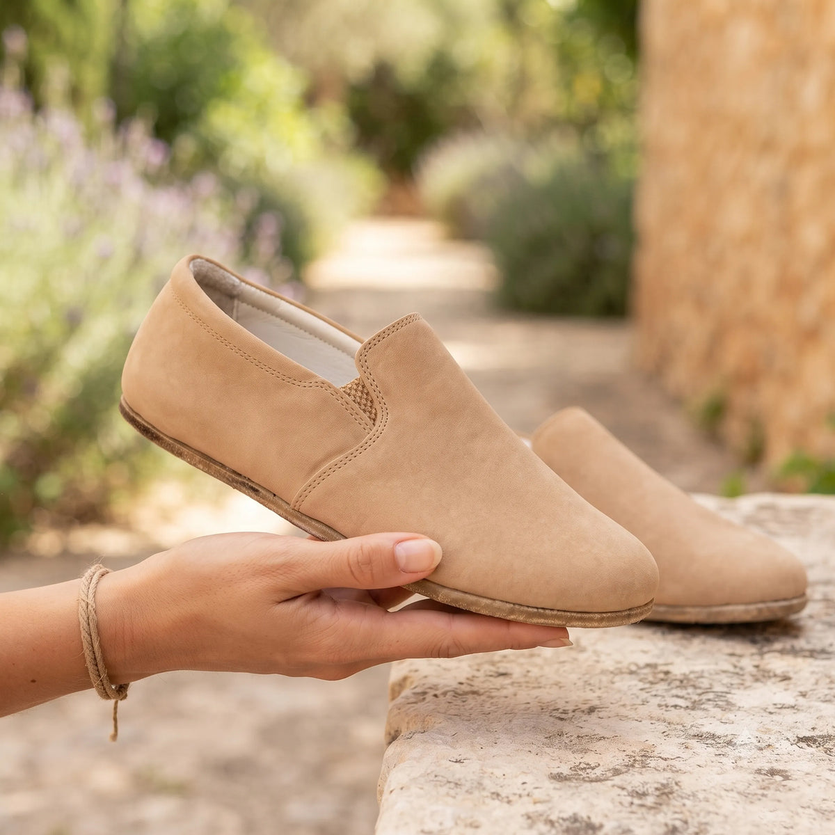 Nubuck Barefoot Slip-On Shoes – Classic Sole — Leather Sole – Cream