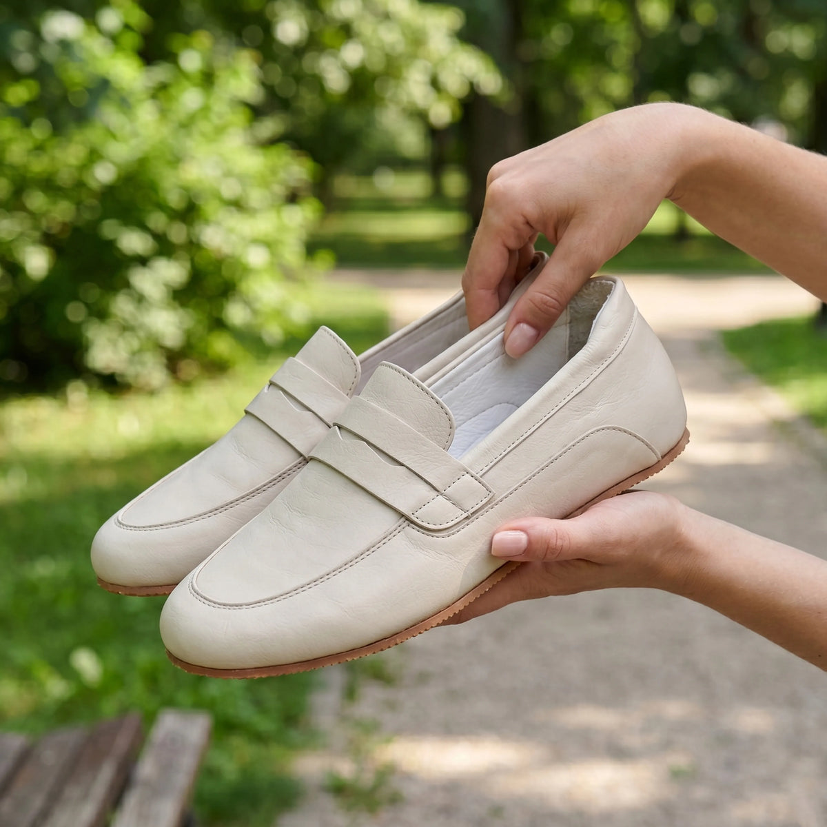 Smooth Barefoot Penny Loafer Shoes – Rubber Sole – Cream