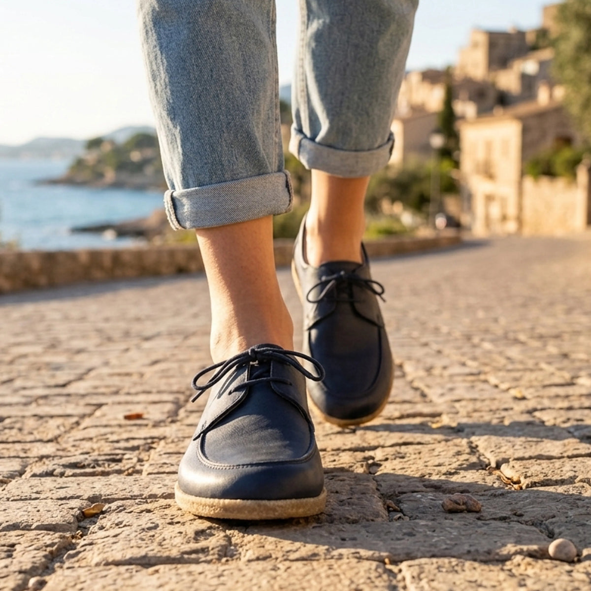 Smooth Barefoot Laces Penny Loafer Shoes – Classic Sole — Leather Sole – Navy Blue