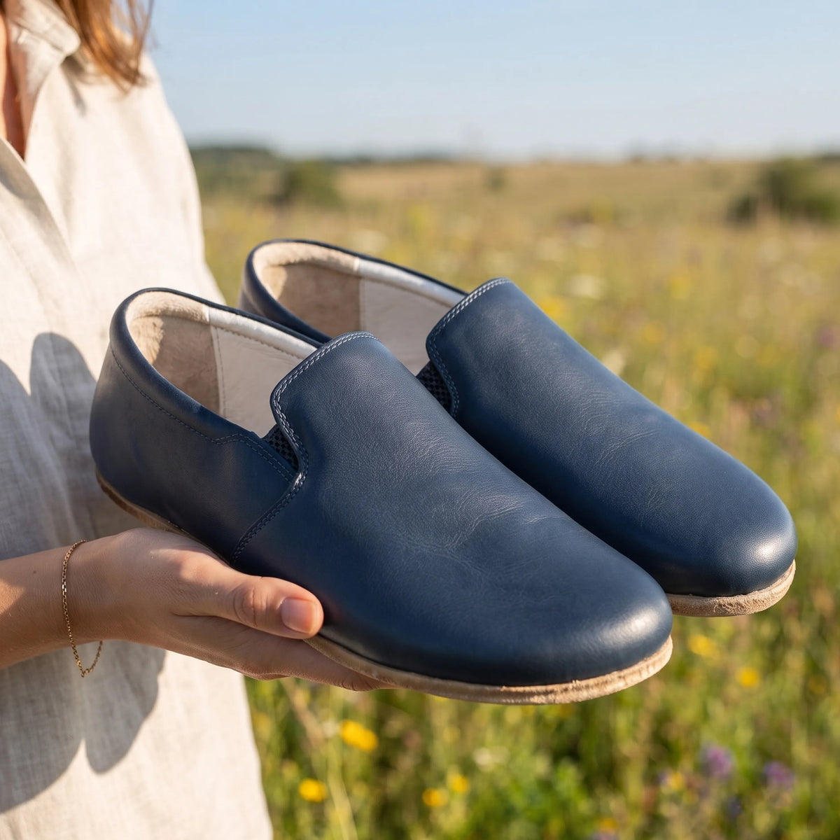 Smooth Barefoot Slip-On Shoes – Classic Sole — Leather Sole – Navy Blue