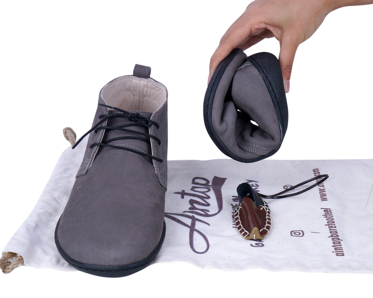 Nubuck Barefoot Bootie Laces Shoes – 6 mm Rubber Sole – Gray
