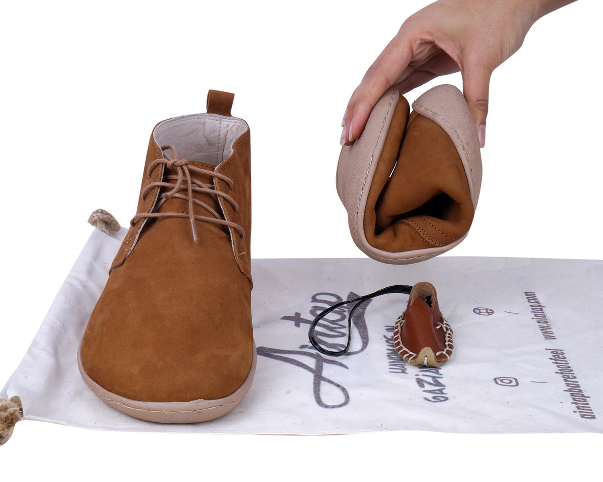 Nubuck Barefoot Bootie Laces Shoes – 6 mm Rubber Sole – Tan